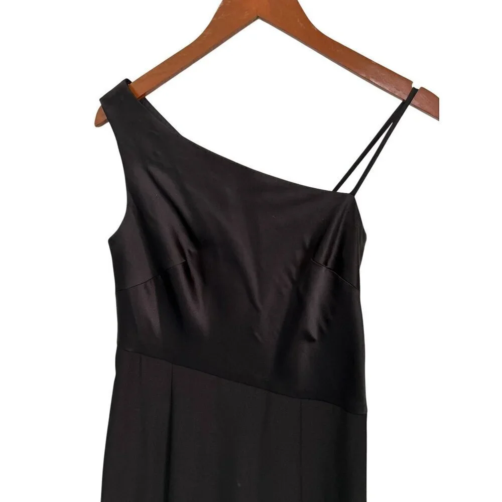 AMSALE Gown Black Satin Dress Maxi Prom Wedding One-shoulder Size 10